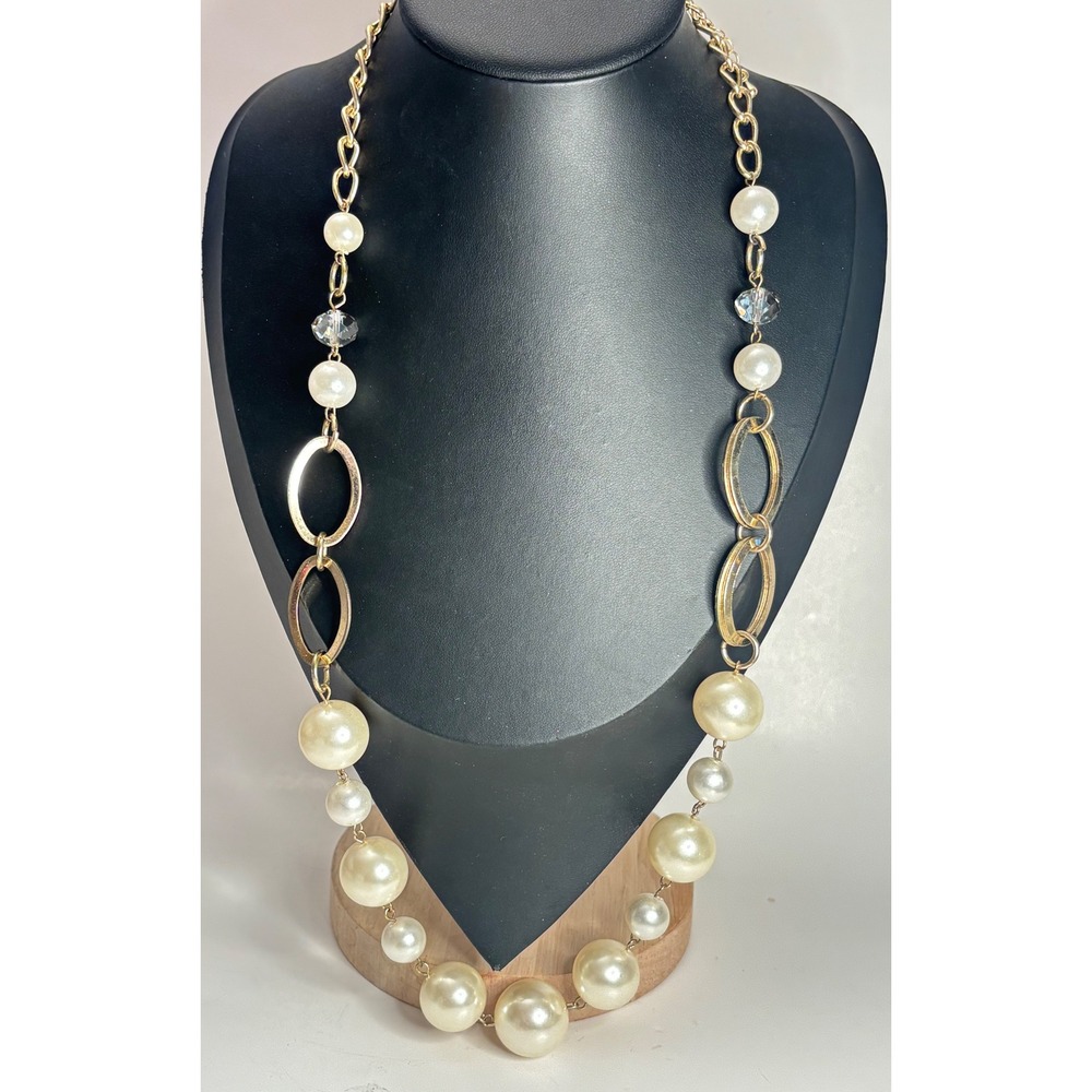 1990s Chunky Statement Classic Faux Pearl Necklace Bead Oval Link 30.5"